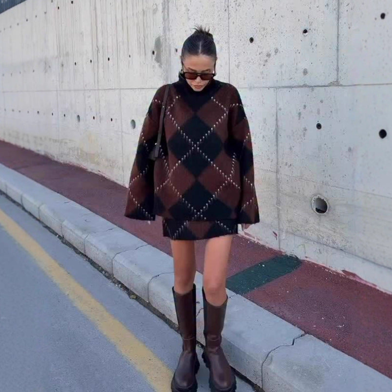 Oversized Argyle Knit Sweater Set