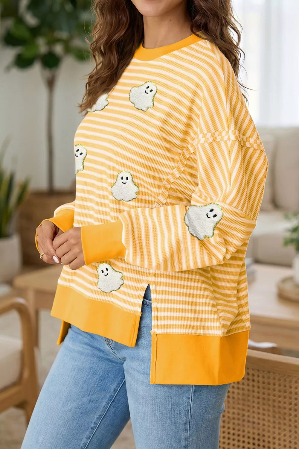 Stripe Halloween Ghost Patch Round Neck Long Sleeve Top – Mayce Halloween Edit