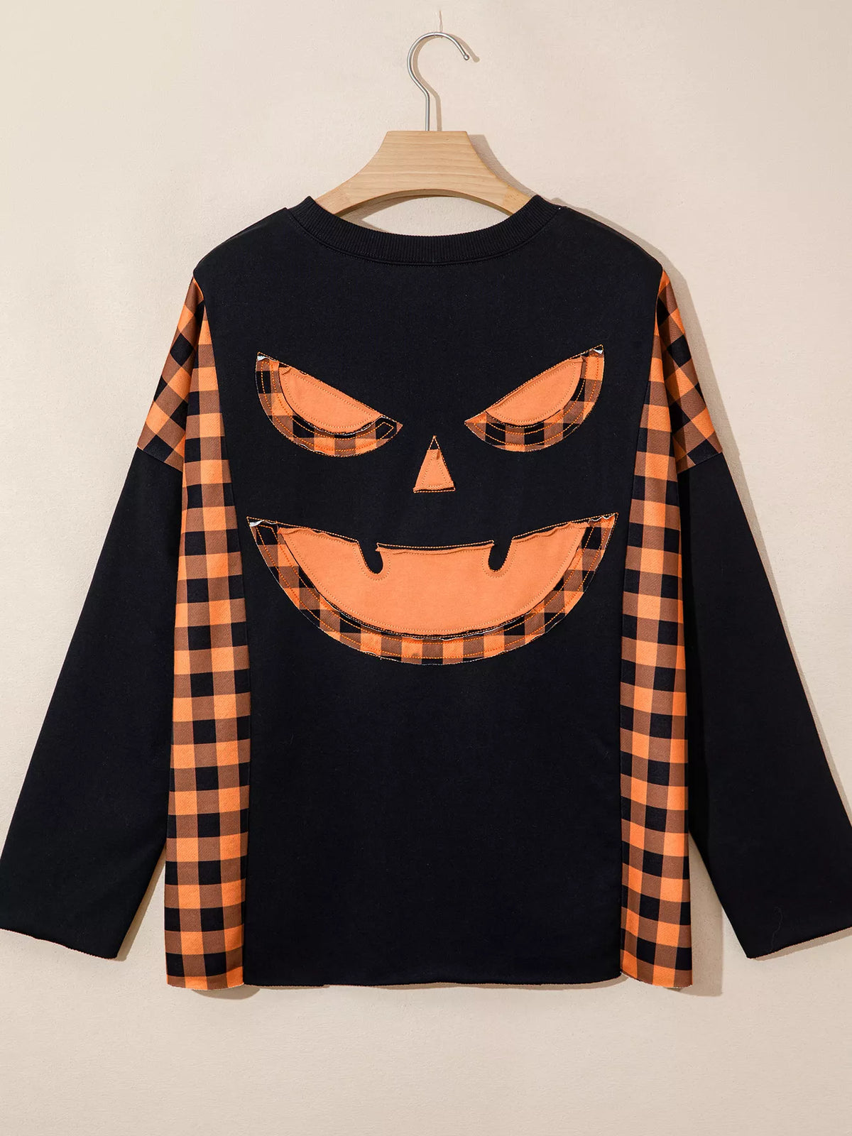 Patchwork Plaid Pumpkin Face Long Sleeve Top – Mayce Halloween Edit