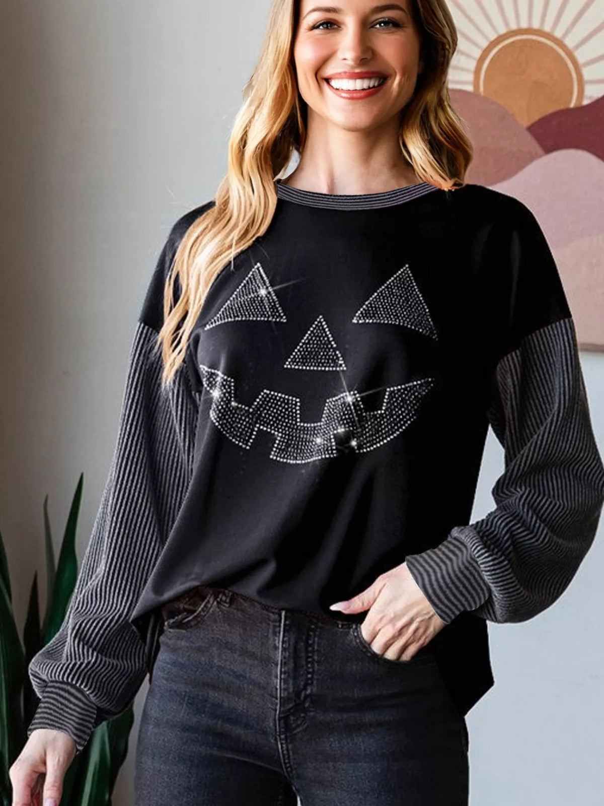 Halloween Rhinestone Pumpkin Face Contrast Ribbed Long Sleeve Patchwork Top – Mayce Halloween Edit