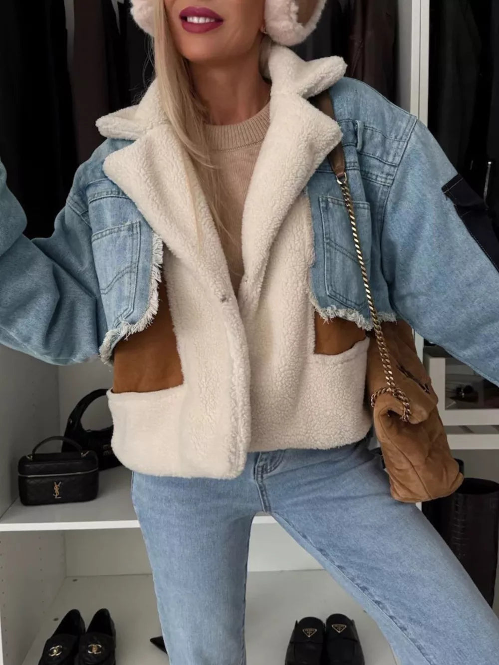 Avery Raw Hem Sherpa-Lined Denim Jacket