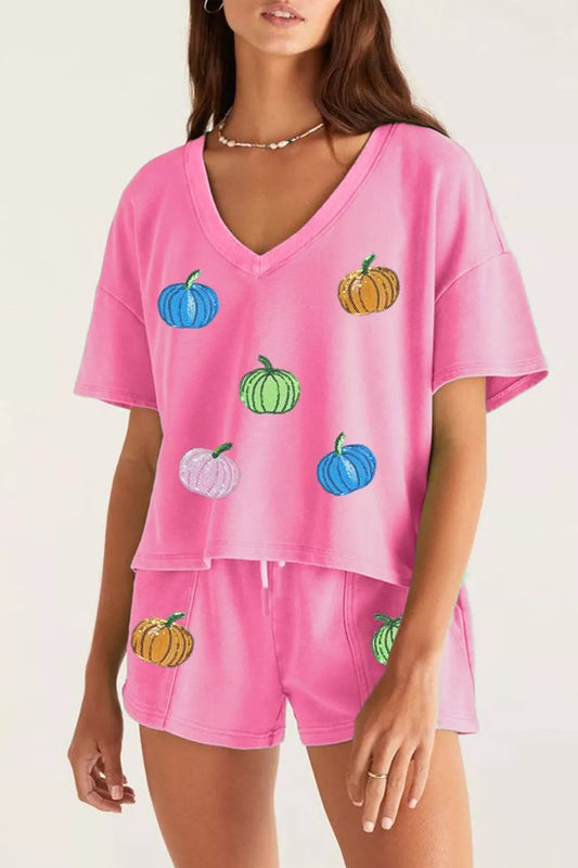 Sequin Halloween Pumpkin Pattern V Neck Tee and Drawstring Bottoms Casual Set – Mayce Halloween Edit