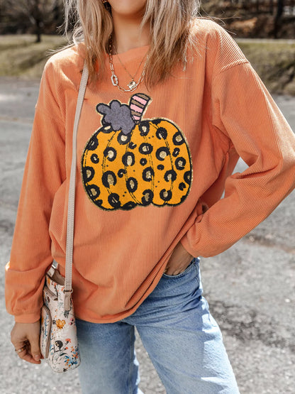 Halloween Leopard Pumpkin Patchwork Ribbed Sweatshirt – Mayce Halloween Edit