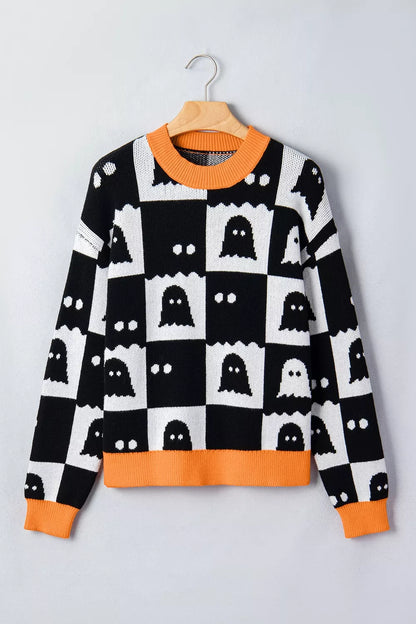 Halloween Ghost Pattern Checkerboard Sweater – Mayce Halloween Edit