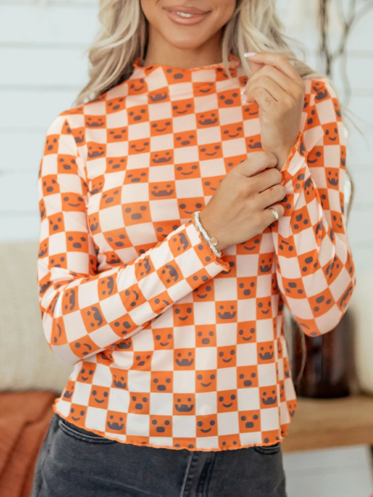 Abstract Halloween Pattern Long Sleeve Mock Neck Blouse – Mayce Halloween Edit