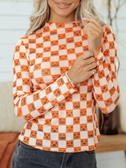 Abstract Halloween Pattern Long Sleeve Mock Neck Blouse – Mayce Halloween Edit