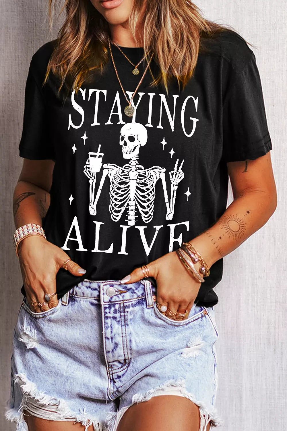 STAYING ALIVE Funny Skeleton Graphic Round Neck T-Shirt – Mayce Halloween Edit