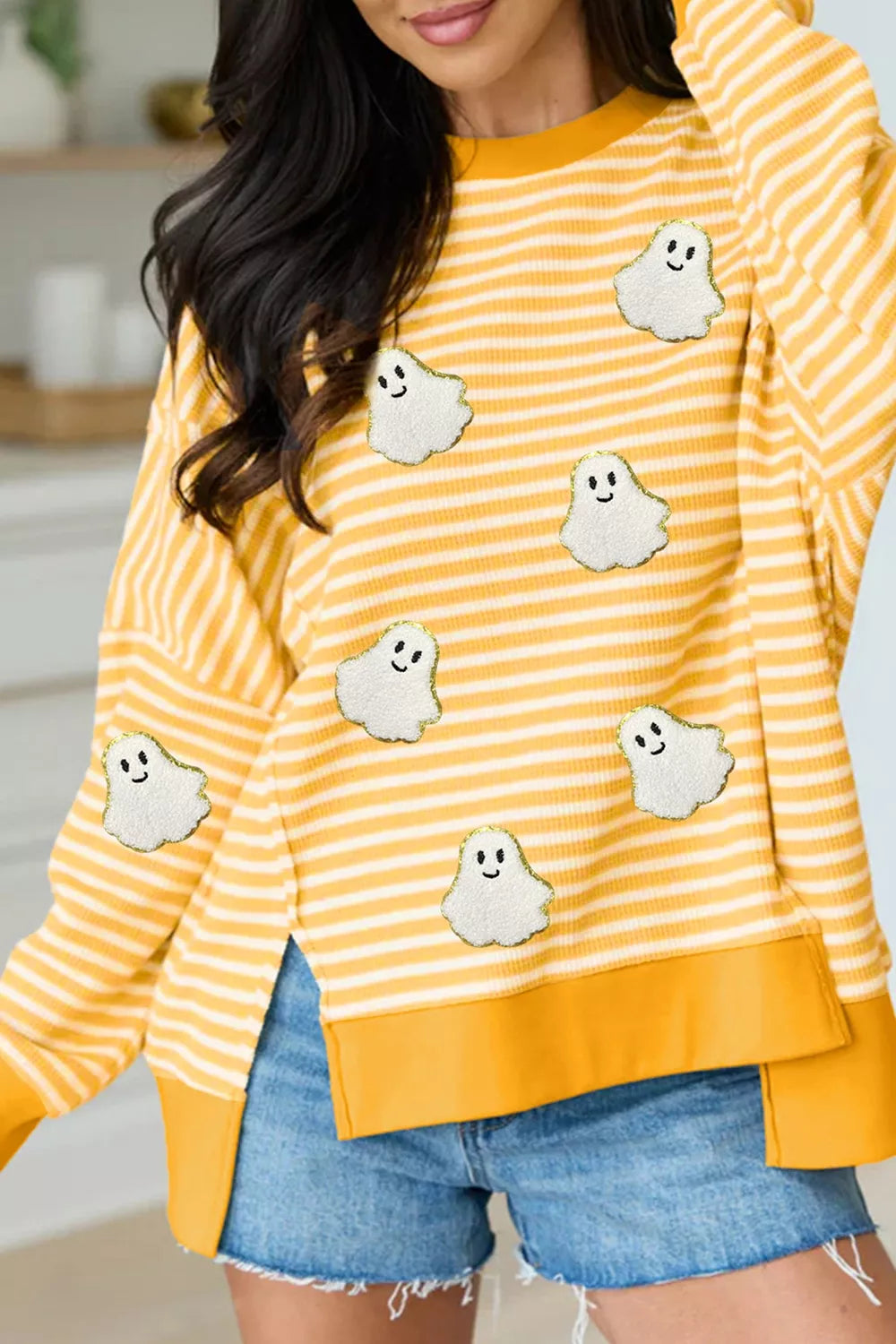 Stripe Halloween Ghost Patch Round Neck Long Sleeve Top – Mayce Halloween Edit