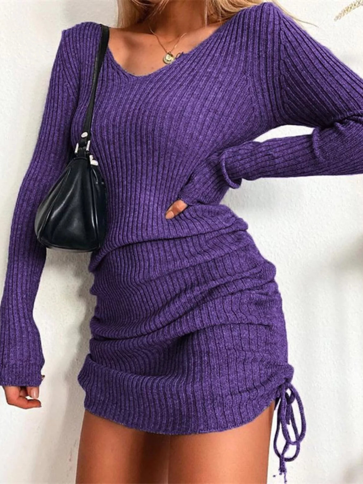 Colette Ribbed Drawstring Bodycon Sweater Dress by Mayce Elegante — product image 22