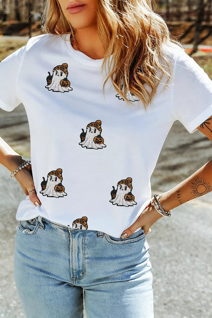 Full Size Halloween Sequin Ghost Print Short Sleeve Casual T-Shirt Plus Size – Mayce Halloween Edit