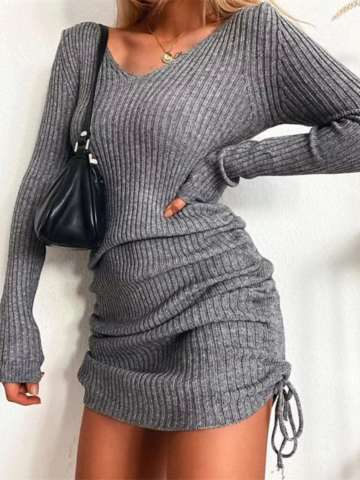 Colette Ribbed Drawstring Bodycon Sweater Dress by Mayce Elegante — product image 13