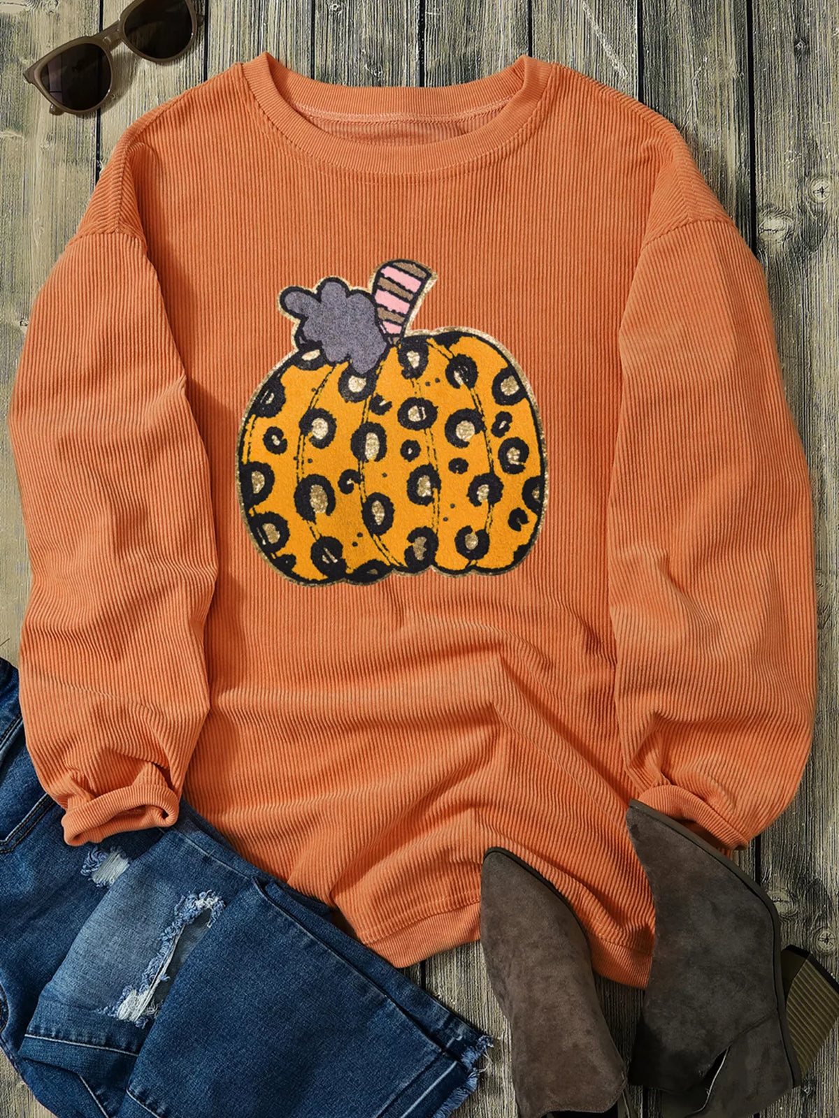 Halloween Leopard Pumpkin Patchwork Ribbed Sweatshirt – Mayce Halloween Edit