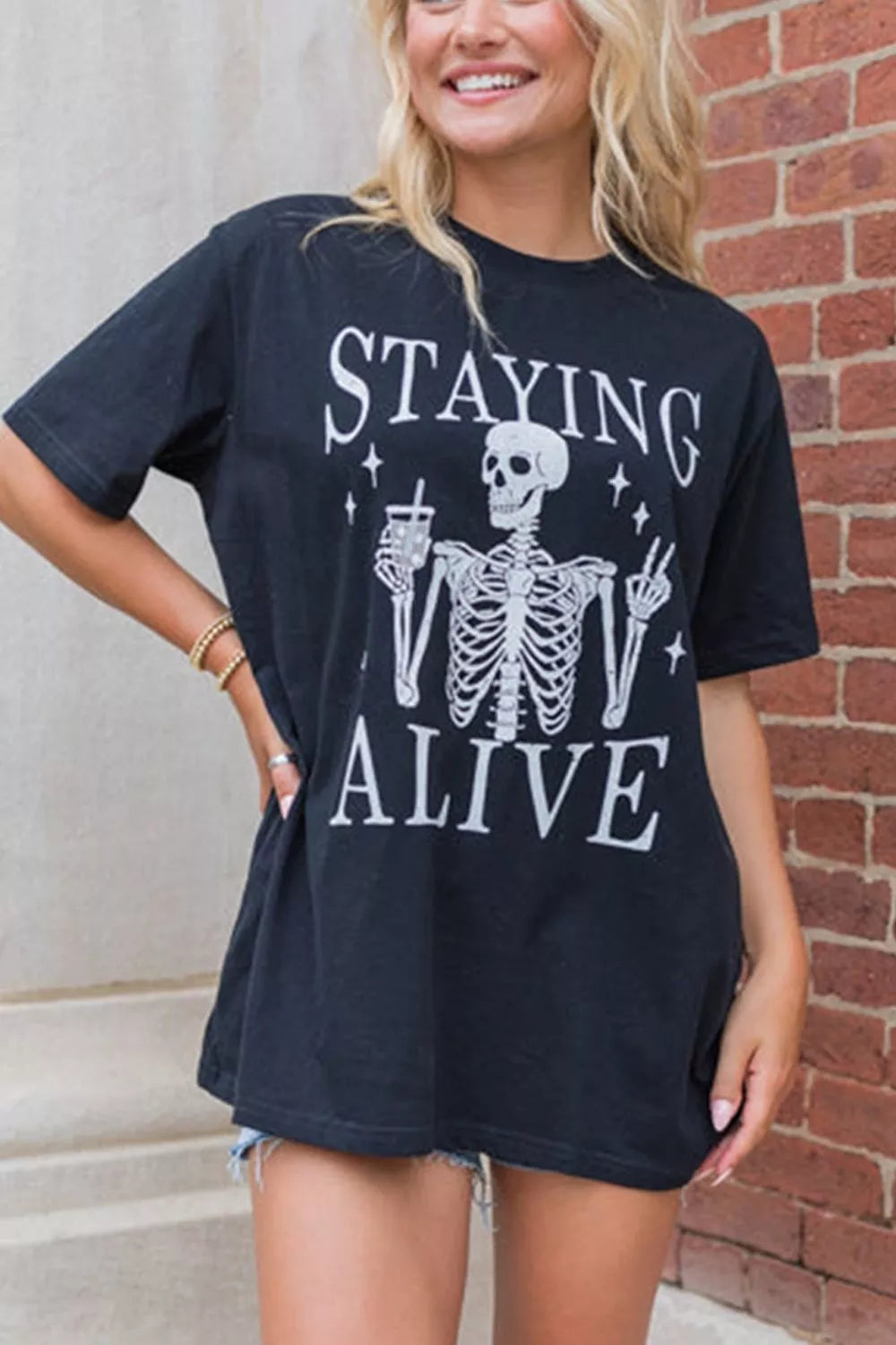 STAYING ALIVE Funny Skeleton Graphic Round Neck T-Shirt – Mayce Halloween Edit