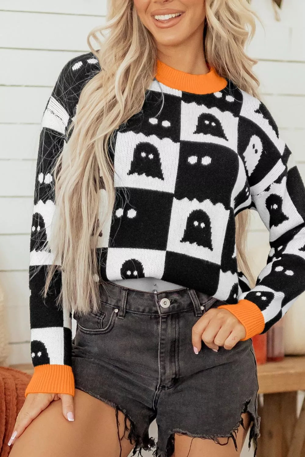 Halloween Ghost Pattern Checkerboard Sweater – Mayce Halloween Edit