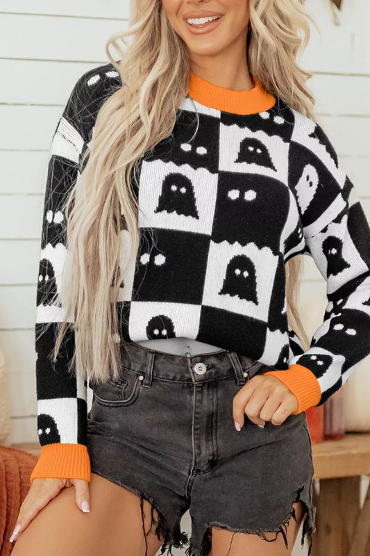 Halloween Ghost Pattern Checkerboard Sweater – Mayce Halloween Edit