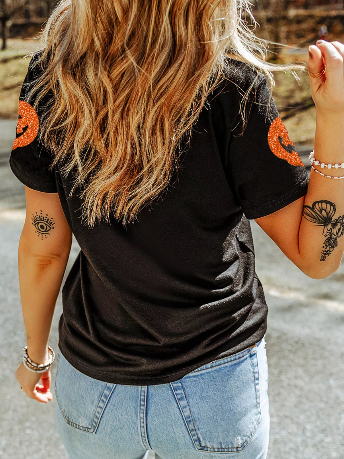 Glittering Pumpkin Face Crew-Neck Halloween T-Shirt – Mayce Halloween Edit