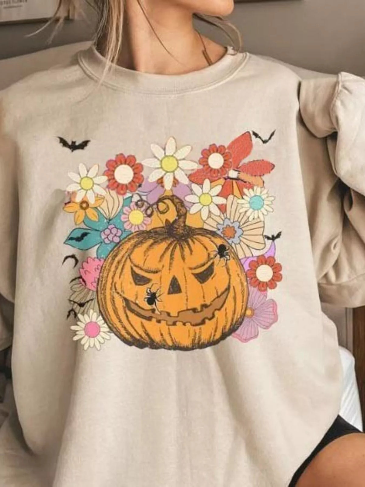 Halloween Pumpkin Floral Round Neck Sweatshirt – Mayce Halloween Edit