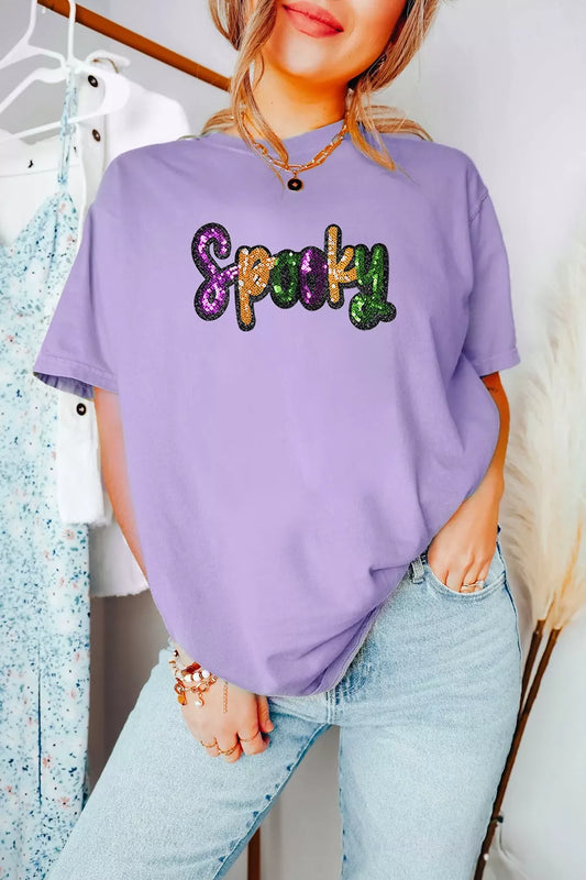 Full Size Spooky Sequin Letter Patched Cotton Blend T-Shirt Plus Size – Mayce Halloween Edit
