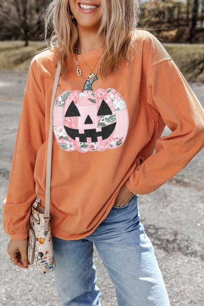 Patchwork Pumpkin Graphic Corded Ribbed Round Neck Tunic Sweatshirt – Mayce Halloween Edit