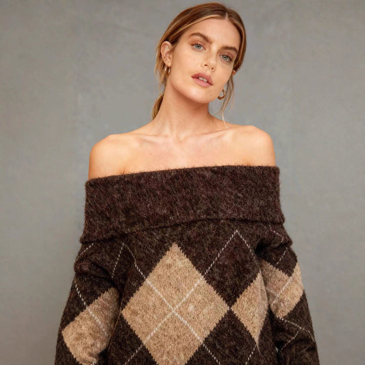 Off-the-Shoulder Diamond Patterned Knit Sweater