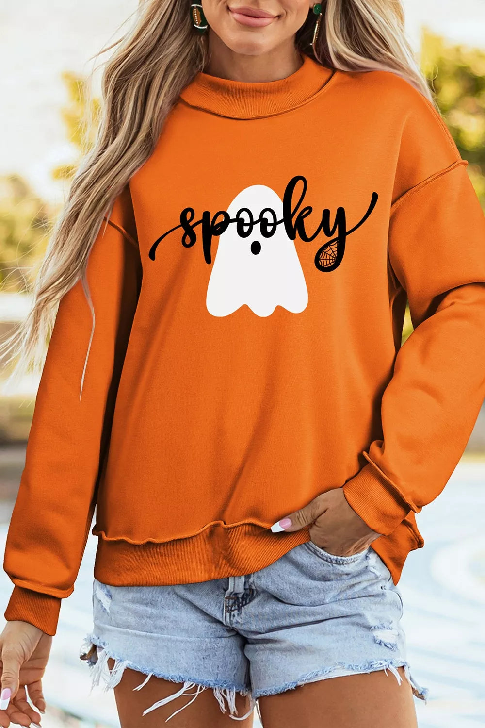 Ghost/ BOO Reversible Print Mock Neck Casual Sweatshirt – Mayce Halloween Edit