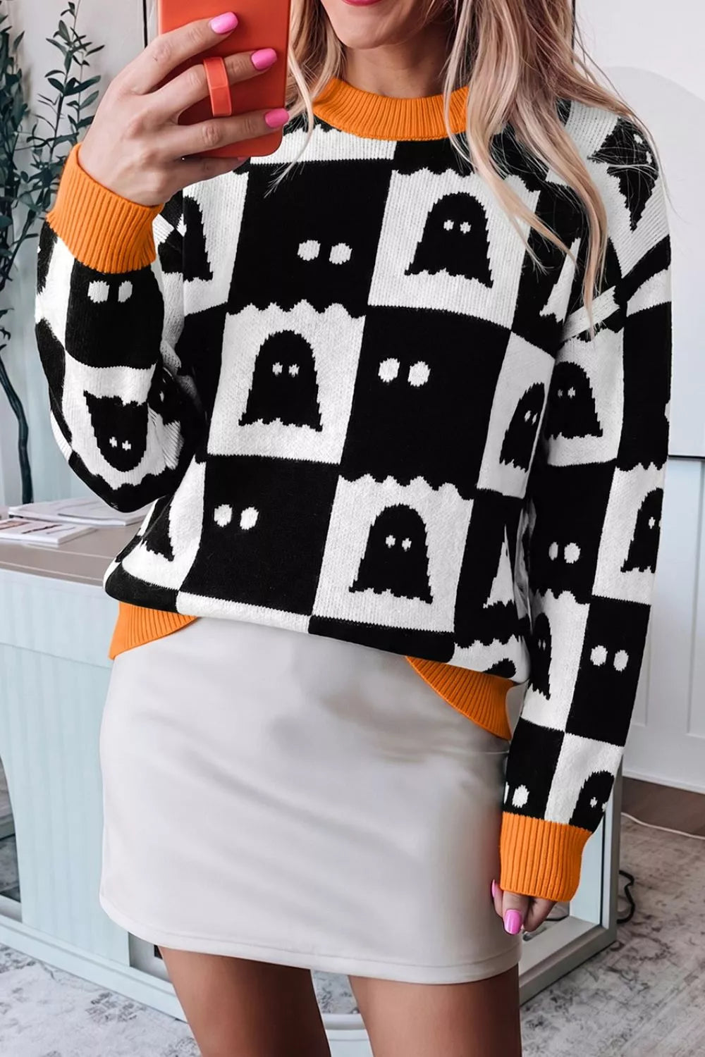 Halloween Ghost Pattern Checkerboard Sweater – Mayce Halloween Edit