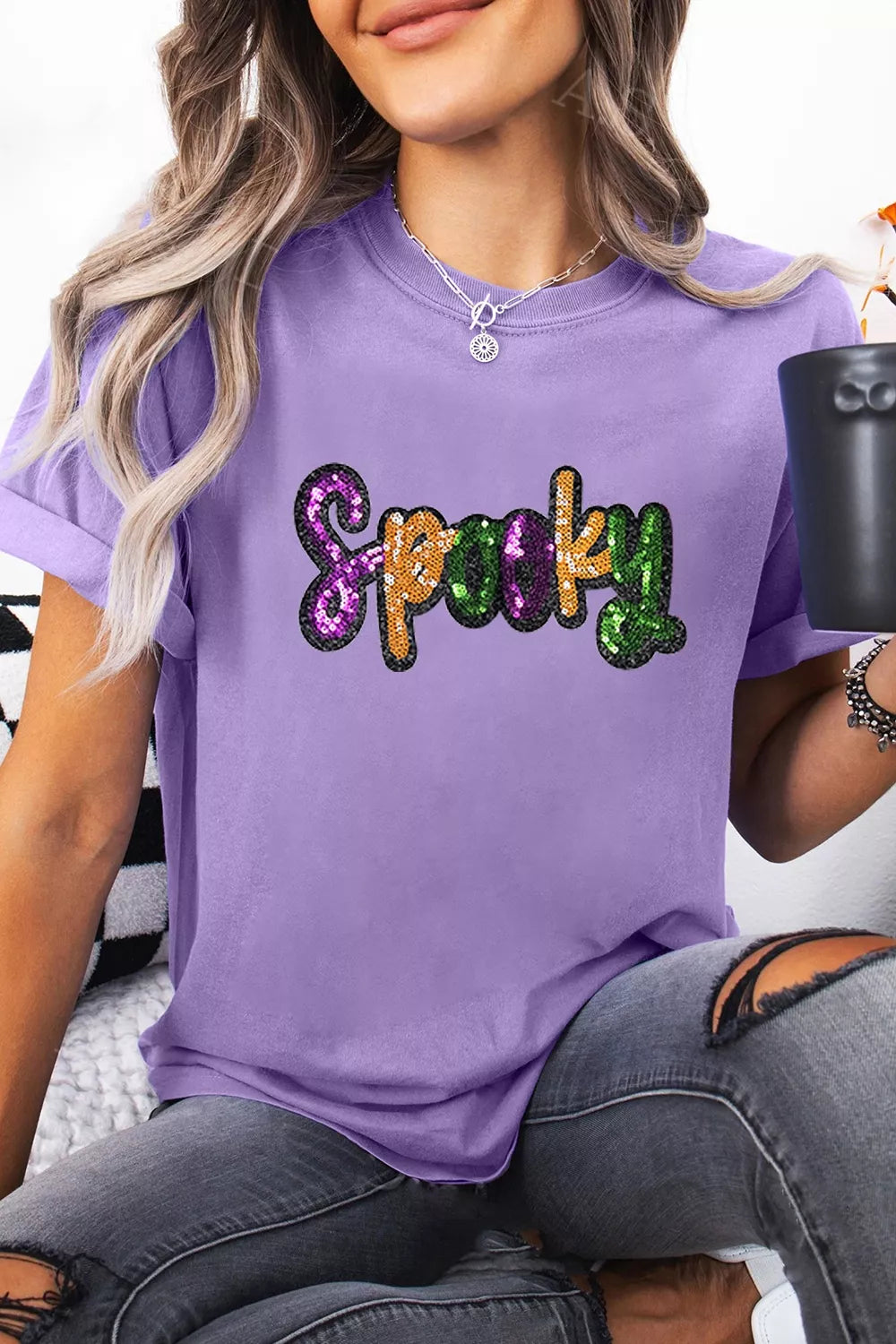 Full Size Spooky Sequin Letter Patched Cotton Blend T-Shirt Plus Size – Mayce Halloween Edit