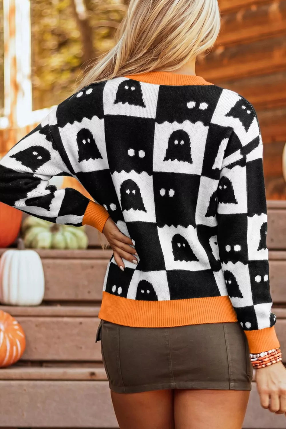 Halloween Ghost Pattern Checkerboard Sweater – Mayce Halloween Edit