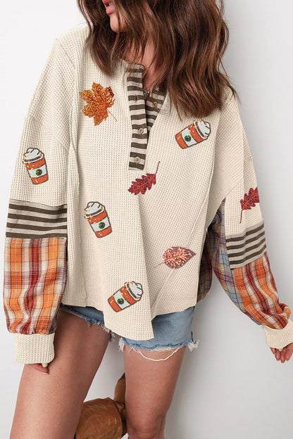 Sequin Autumn Leaf & Coffee Cup Waffle Knit Top – Mayce Halloween Edit