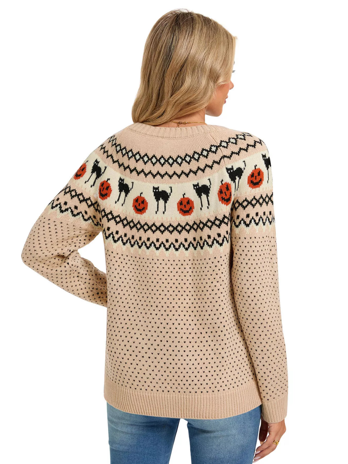 Halloween Pumpkin and Cat Pattern Knit Round Neck Sweater – Mayce Halloween Edit