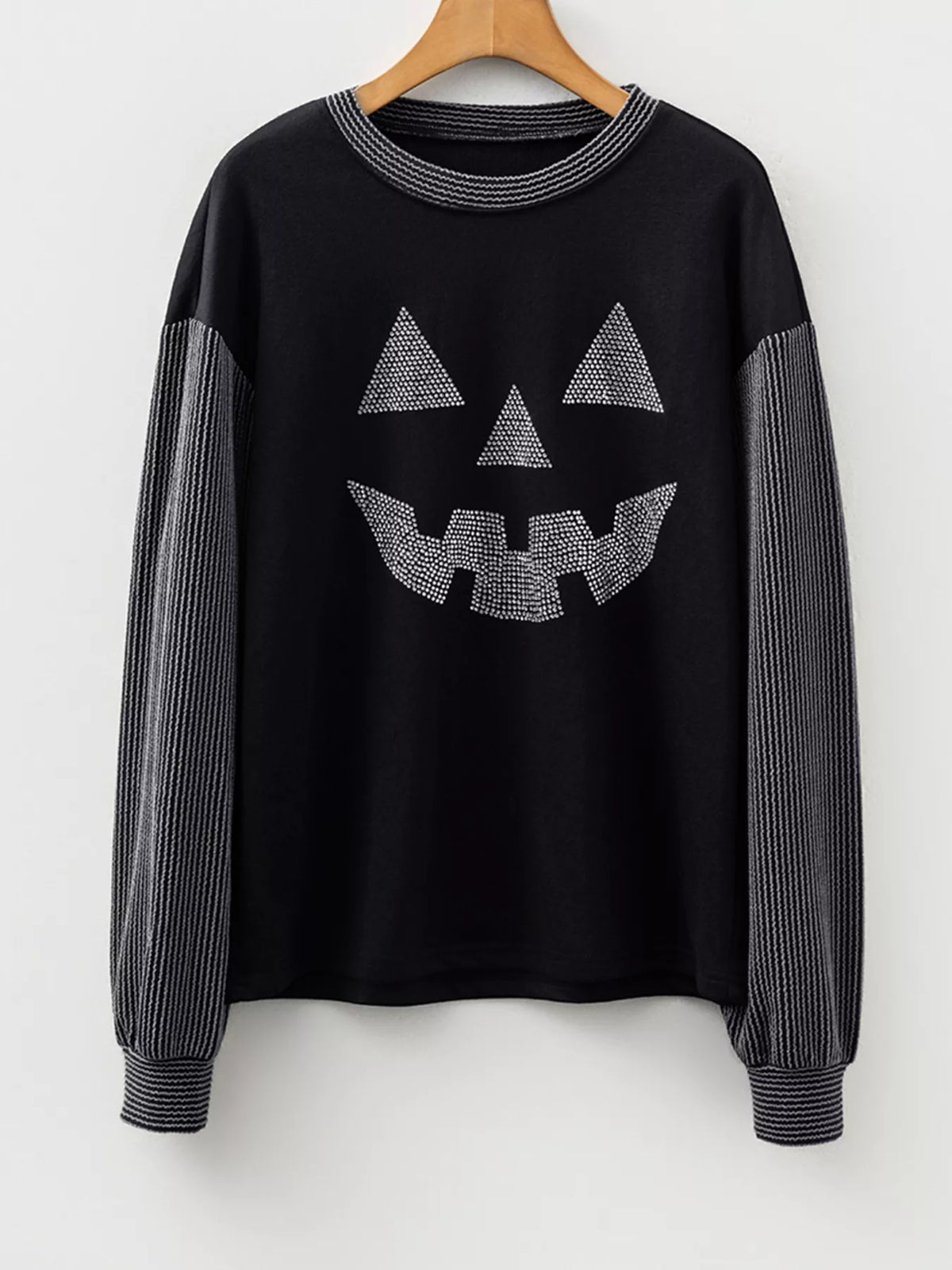 Halloween Rhinestone Pumpkin Face Contrast Ribbed Long Sleeve Patchwork Top – Mayce Halloween Edit