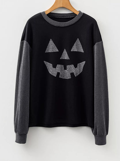 Halloween Rhinestone Pumpkin Face Contrast Ribbed Long Sleeve Patchwork Top – Mayce Halloween Edit