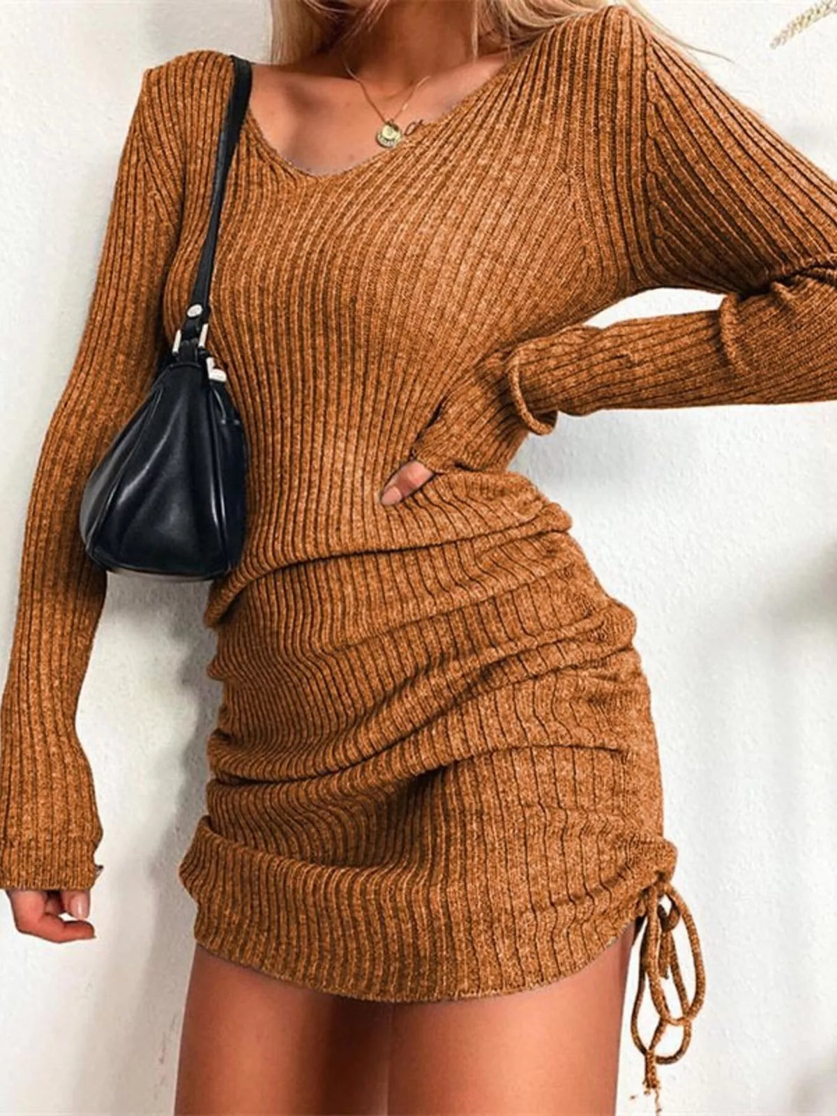 Colette Ribbed Drawstring Bodycon Sweater Dress by Mayce Elegante — product image 10