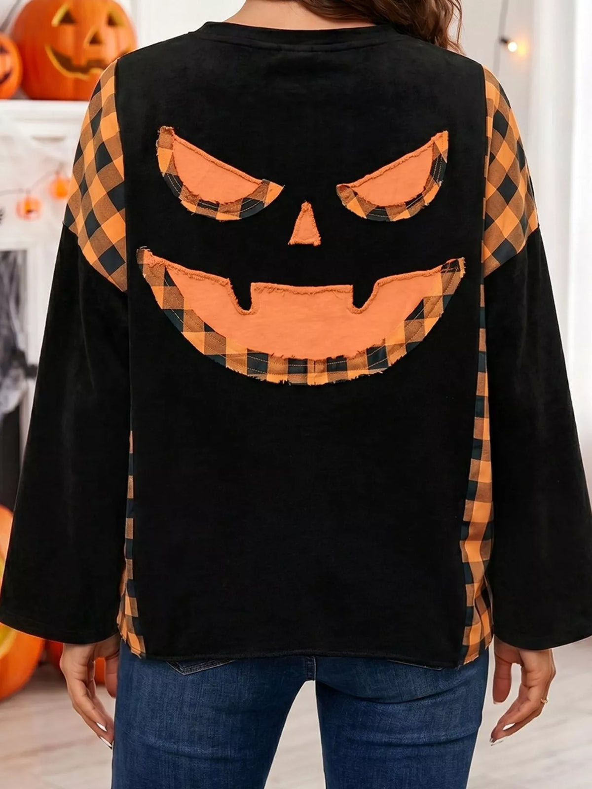 Patchwork Plaid Pumpkin Face Long Sleeve Top – Mayce Halloween Edit