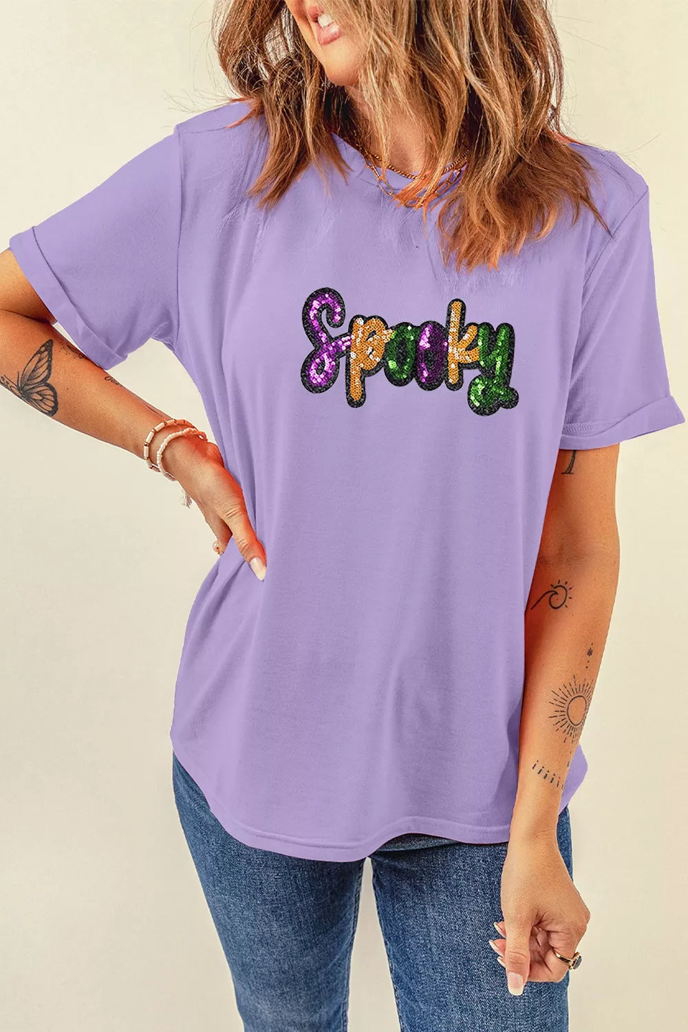Full Size Spooky Sequin Letter Patched Cotton Blend T-Shirt Plus Size – Mayce Halloween Edit