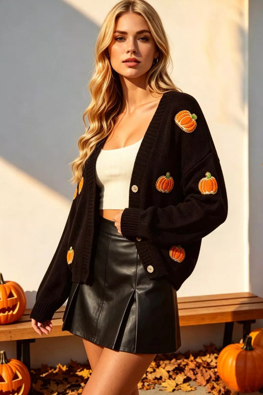 Double Take Full Size Pumpkin Button Up Long Sleeve Cardigan Plus Size – Mayce Halloween Edit