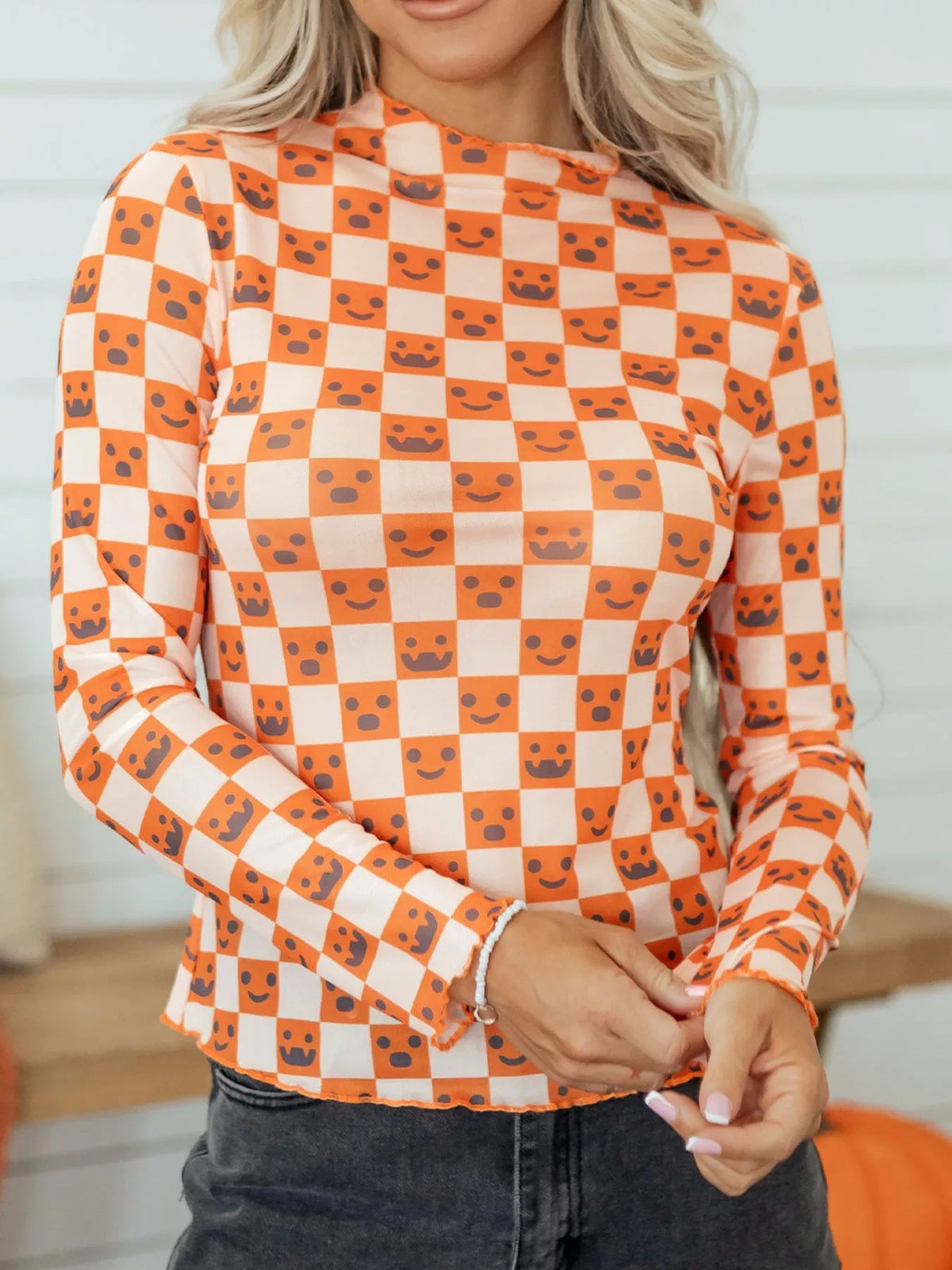 Abstract Halloween Pattern Long Sleeve Mock Neck Blouse – Mayce Halloween Edit