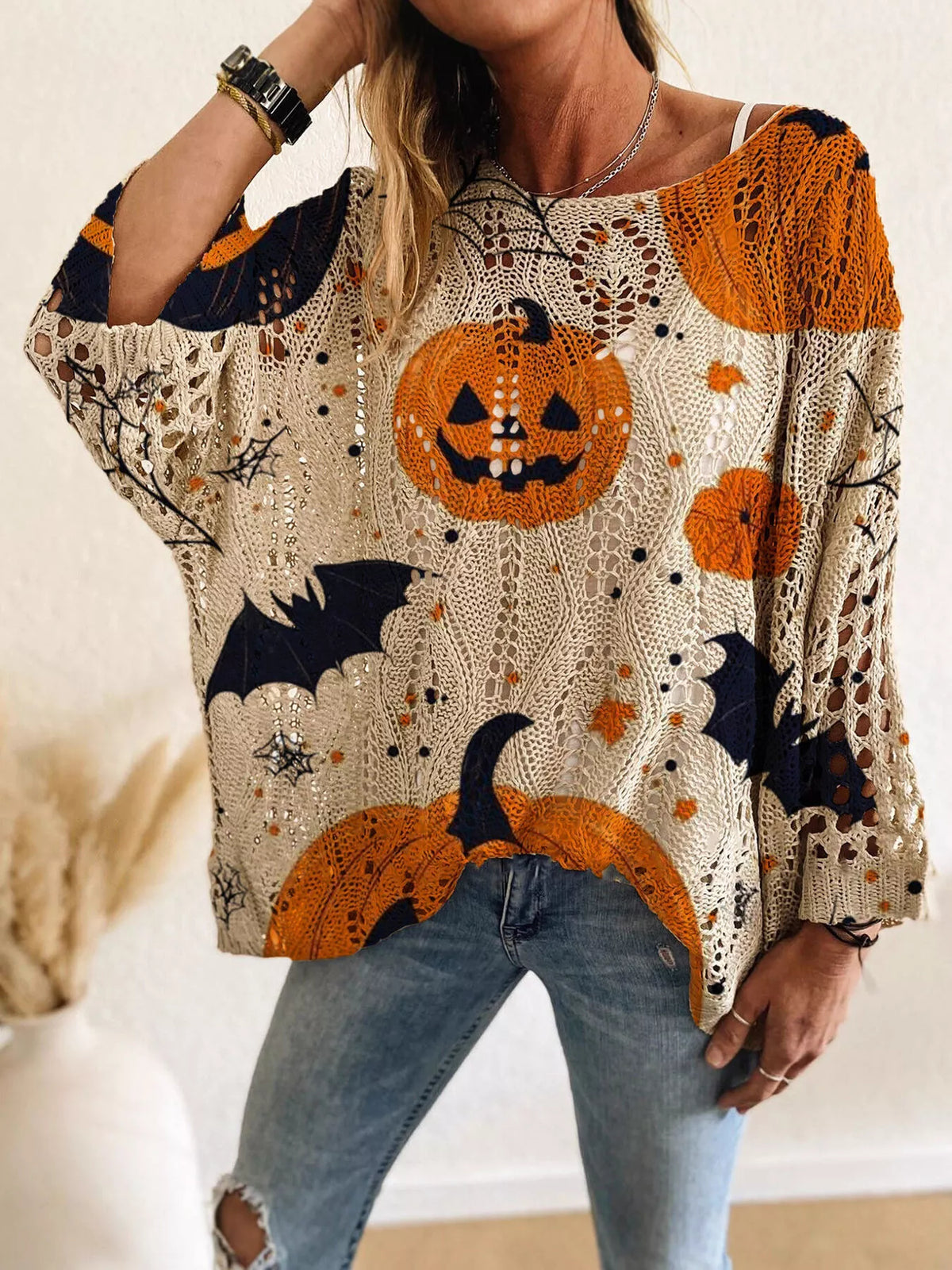 Full Size Halloween Pumpkin Loose Knit Cover Up Plus Size – Mayce Halloween Edit