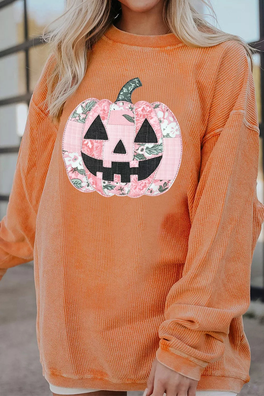 Patchwork Pumpkin Graphic Corded Ribbed Round Neck Tunic Sweatshirt – Mayce Halloween Edit