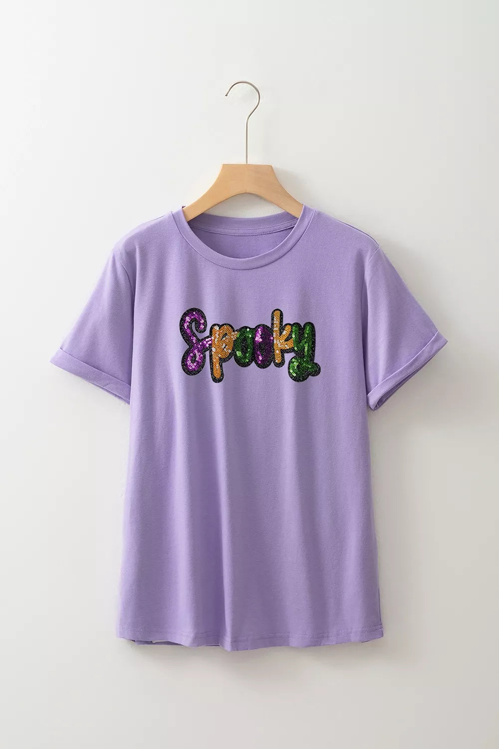 Full Size Spooky Sequin Letter Patched Cotton Blend T-Shirt Plus Size – Mayce Halloween Edit