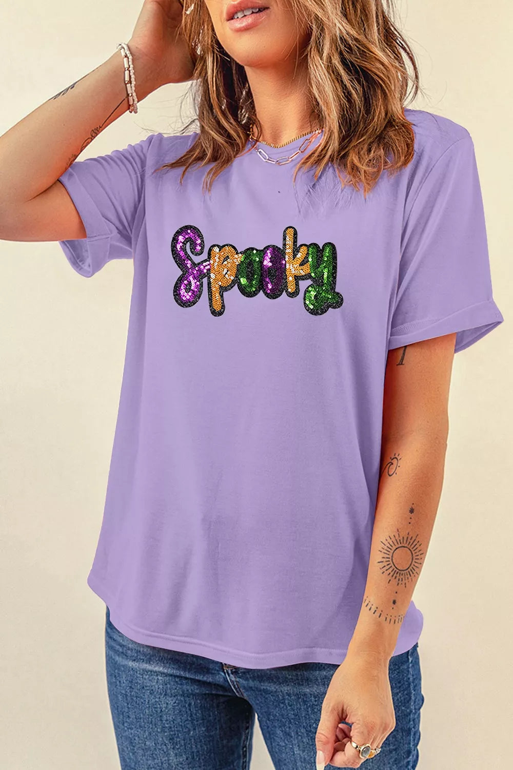 Full Size Spooky Sequin Letter Patched Cotton Blend T-Shirt Plus Size – Mayce Halloween Edit