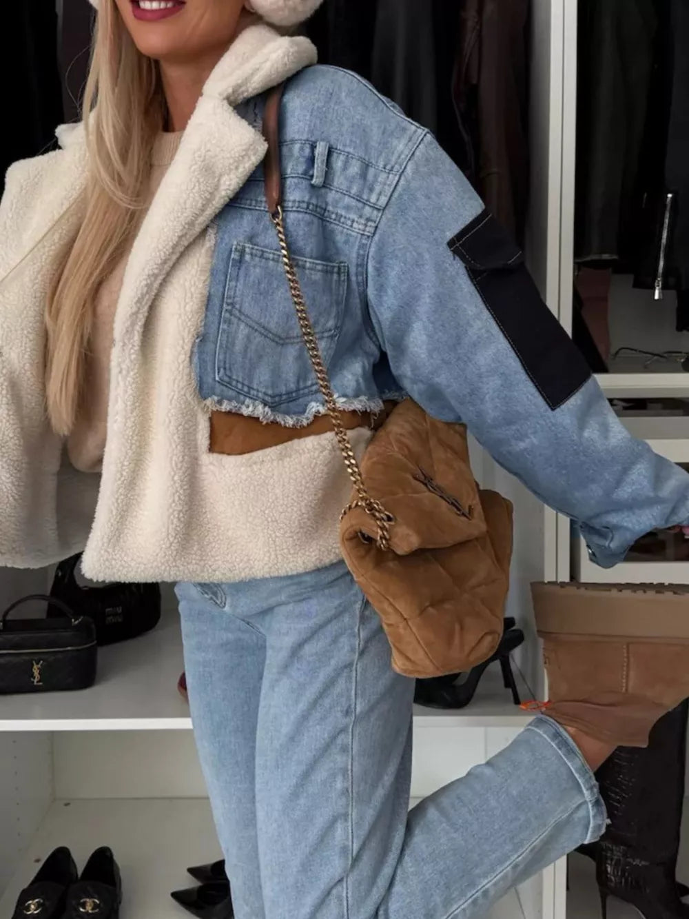Avery Raw Hem Sherpa-Lined Denim Jacket