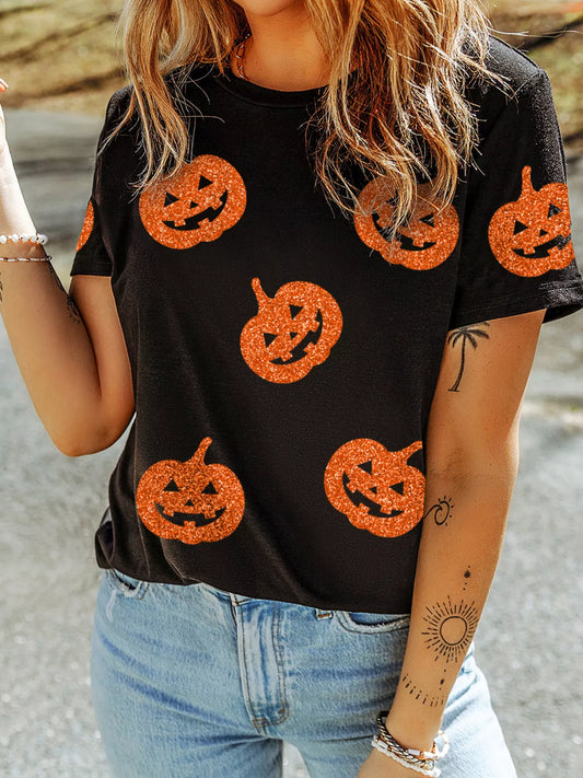 Glittering Pumpkin Face Crew-Neck Halloween T-Shirt – Mayce Halloween Edit