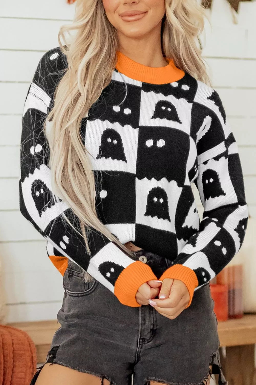 Halloween Ghost Pattern Checkerboard Sweater – Mayce Halloween Edit