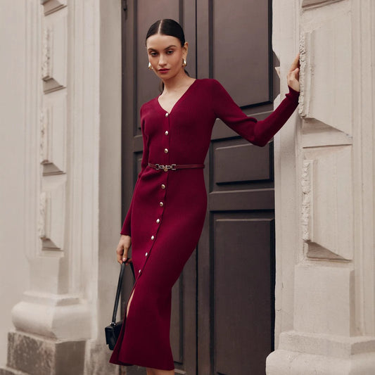 Elegant Button Detailed Long Knit Dress