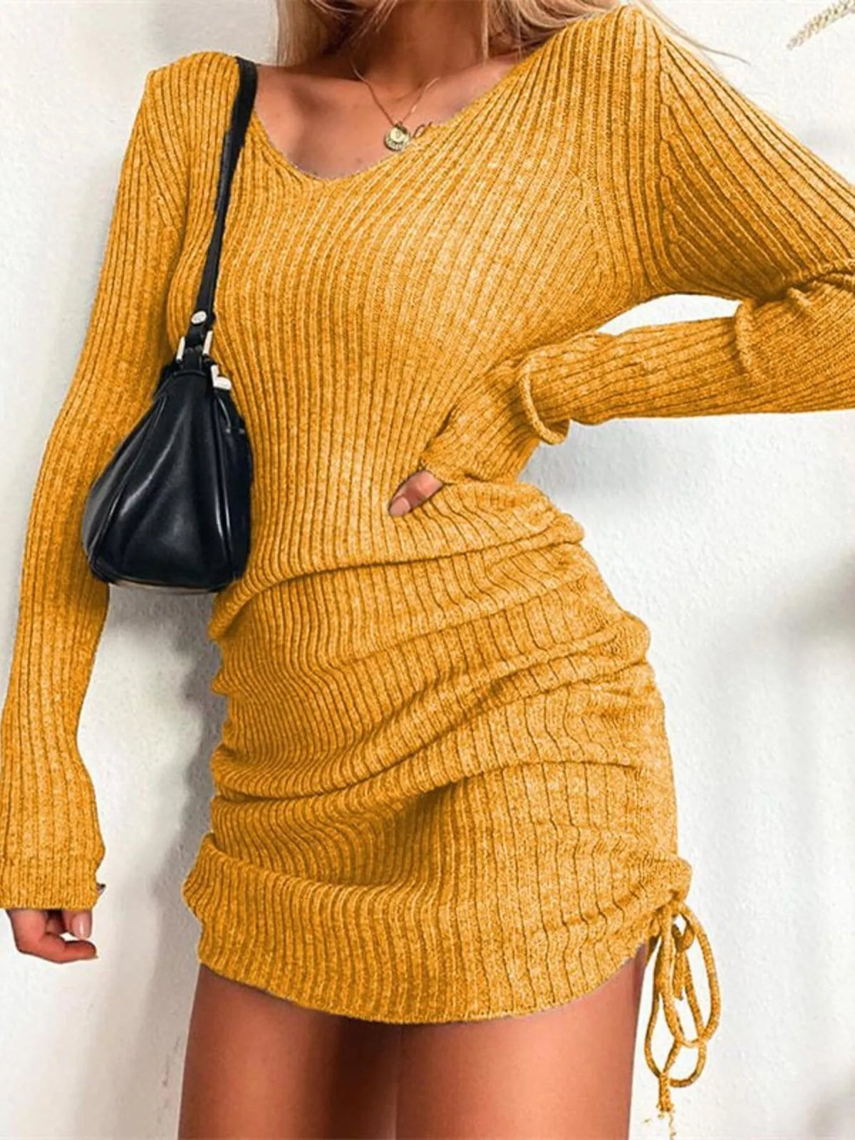 Colette Ribbed Drawstring Bodycon Sweater Dress by Mayce Elegante — product image 4