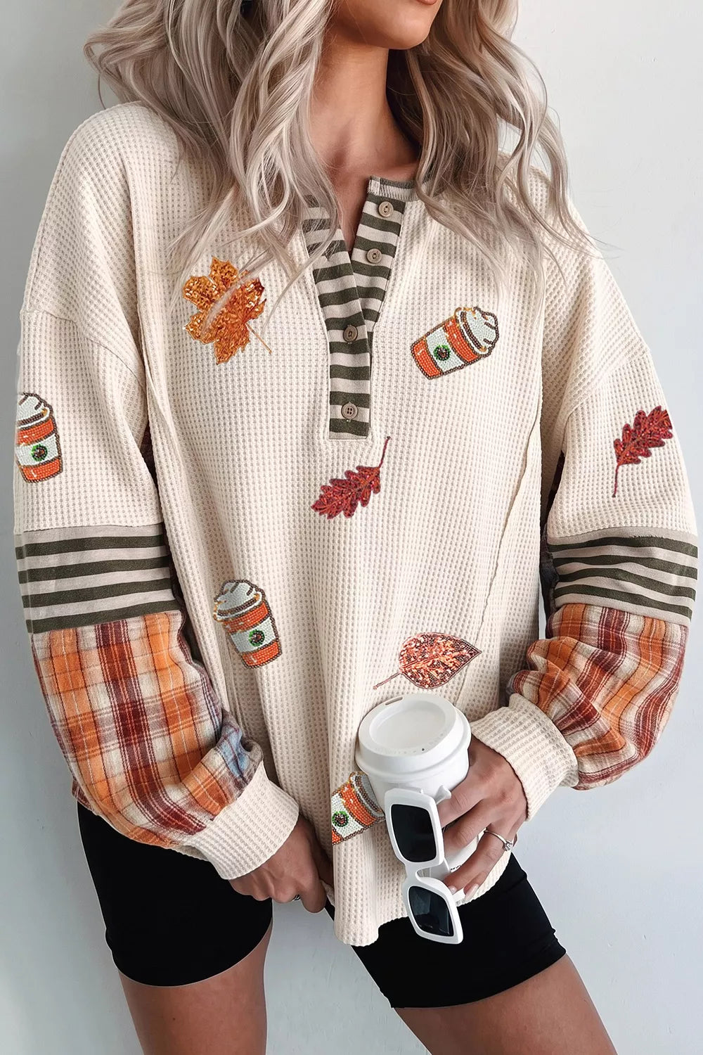 Sequin Autumn Leaf & Coffee Cup Waffle Knit Top – Mayce Halloween Edit
