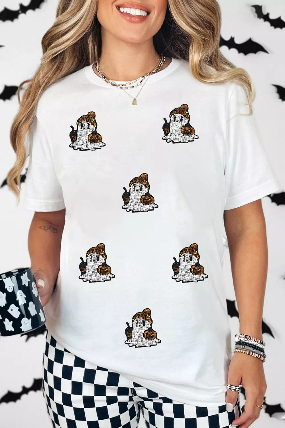 Full Size Halloween Sequin Ghost Print Short Sleeve Casual T-Shirt Plus Size – Mayce Halloween Edit