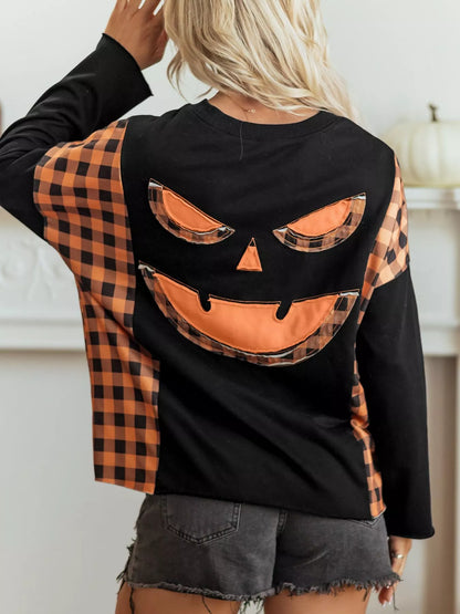 Patchwork Plaid Pumpkin Face Long Sleeve Top – Mayce Halloween Edit