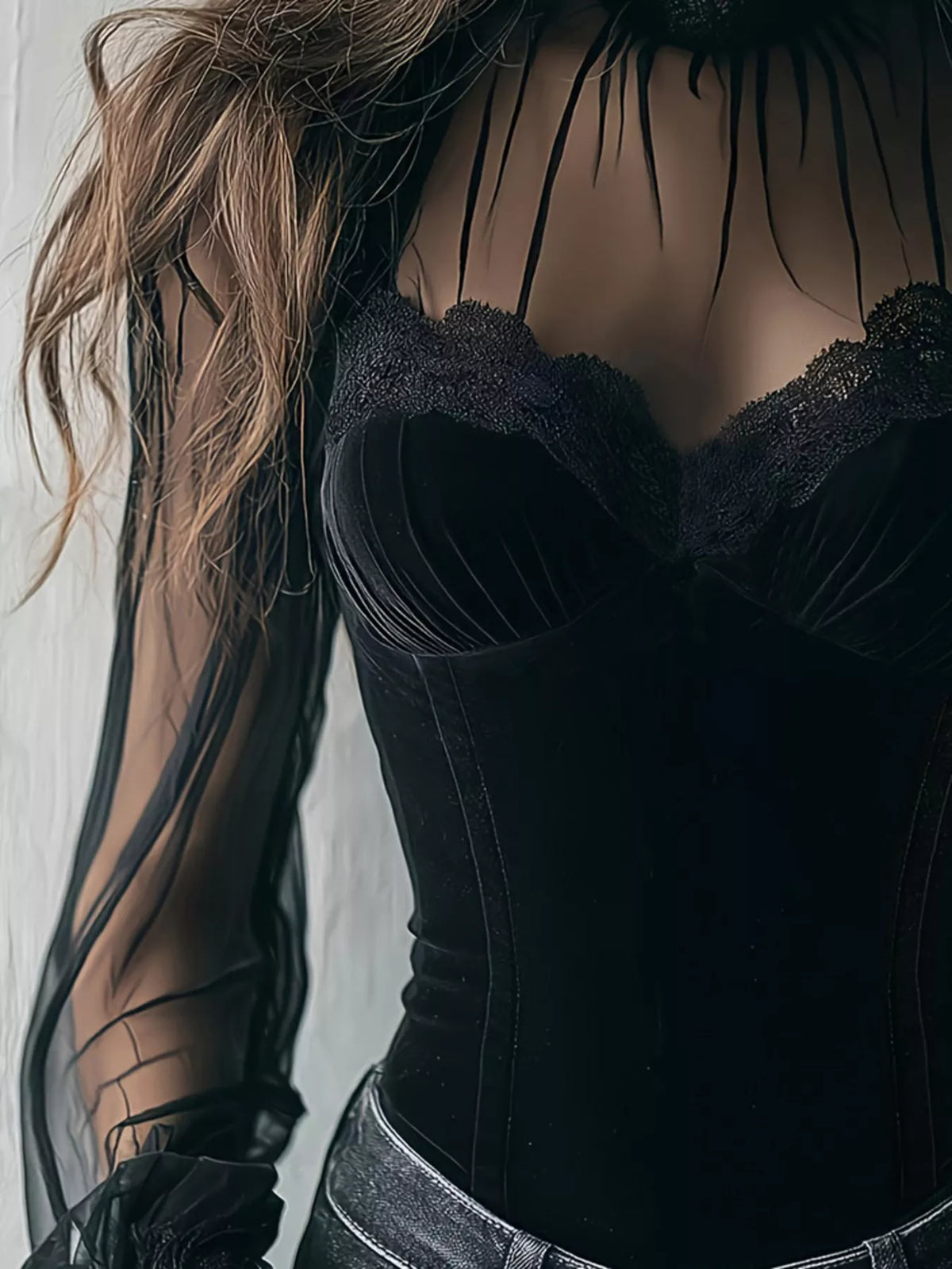 Lace Trim Velvet Sheer Sleeve Blouse – Mayce Halloween Edit